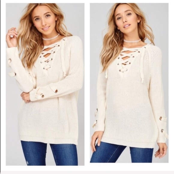 Oatmeal Lace Up Sweater - Picture 4 of 6